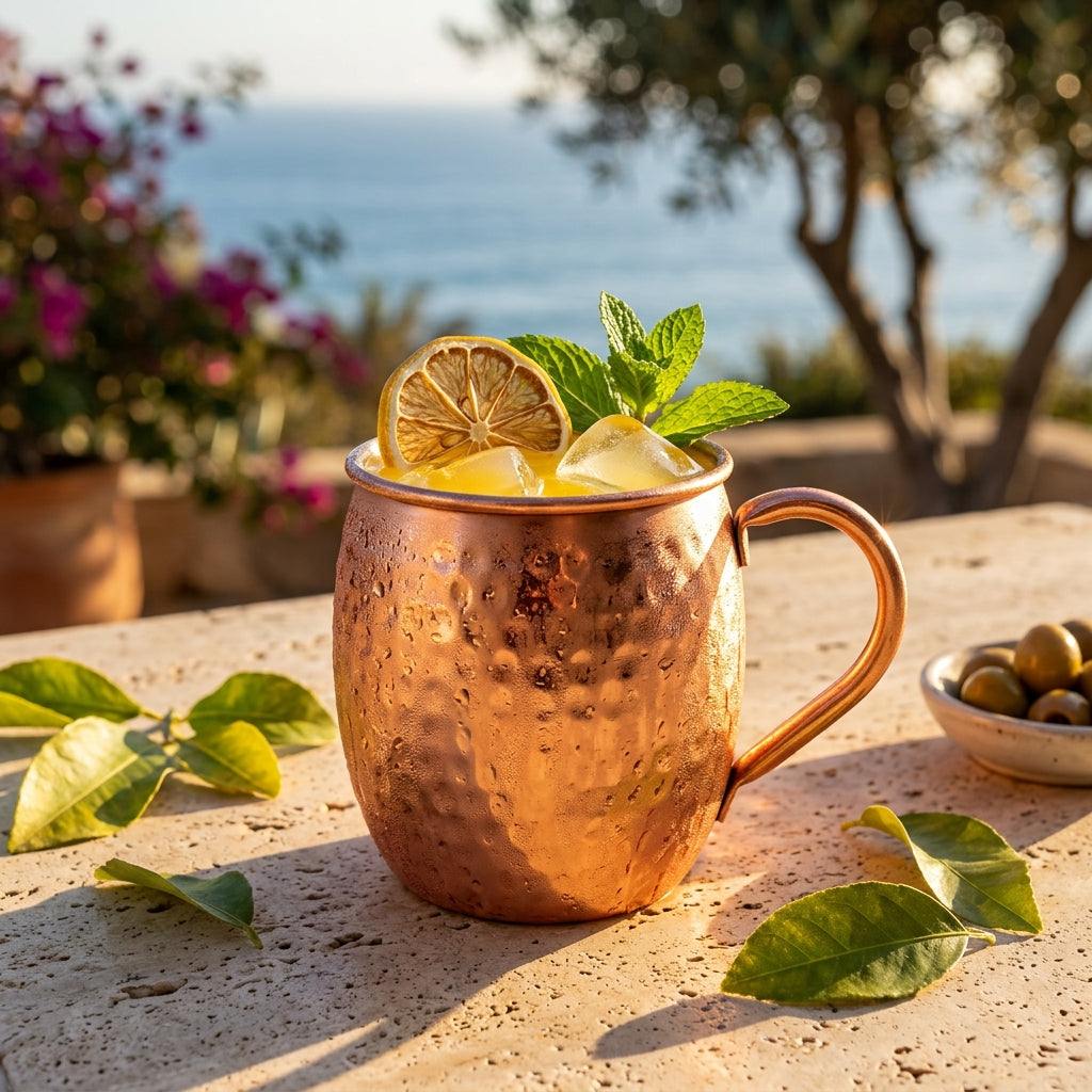 Mozzafiato Mule en jarro de cobre con hielo, rodaja de limón deshidratado y menta